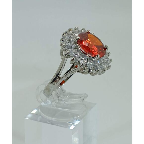 Vintage Ring Size 6.5 Silver Tone White Gold GP Orange CZ Cluster Cocktail NOS - Picture 8 of 9